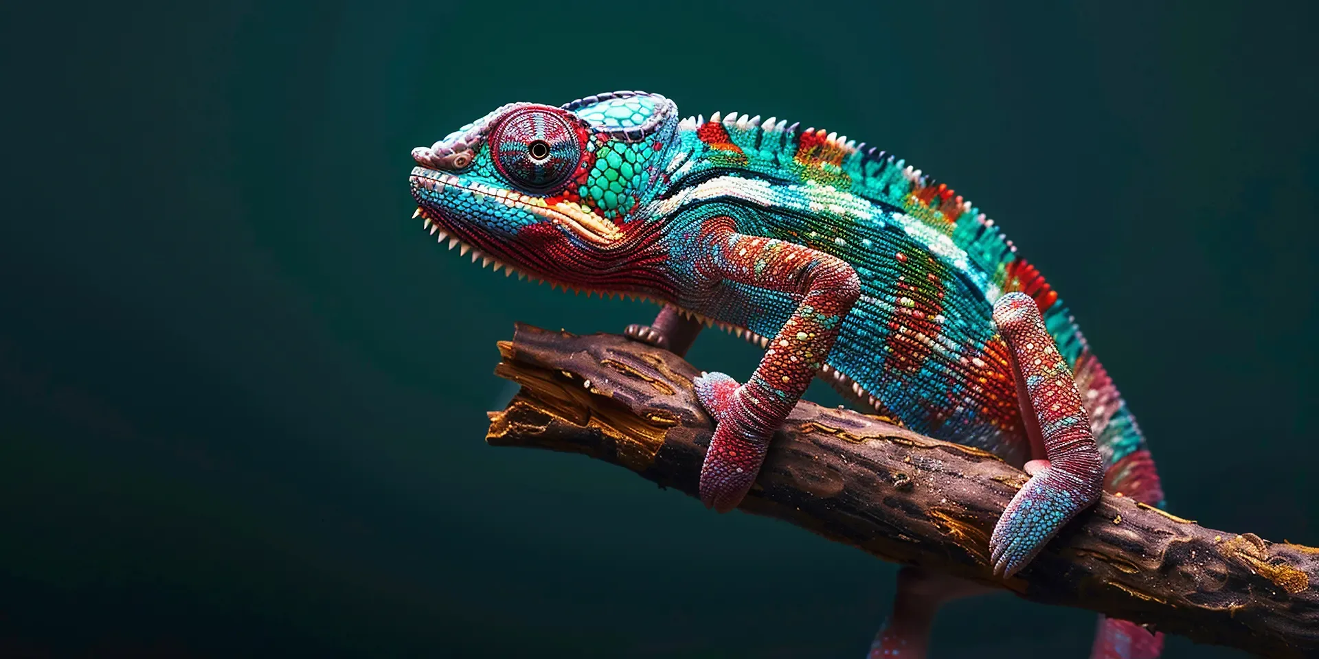 Camaleonte colorato appoggiato su un ramo in ambiente naturale